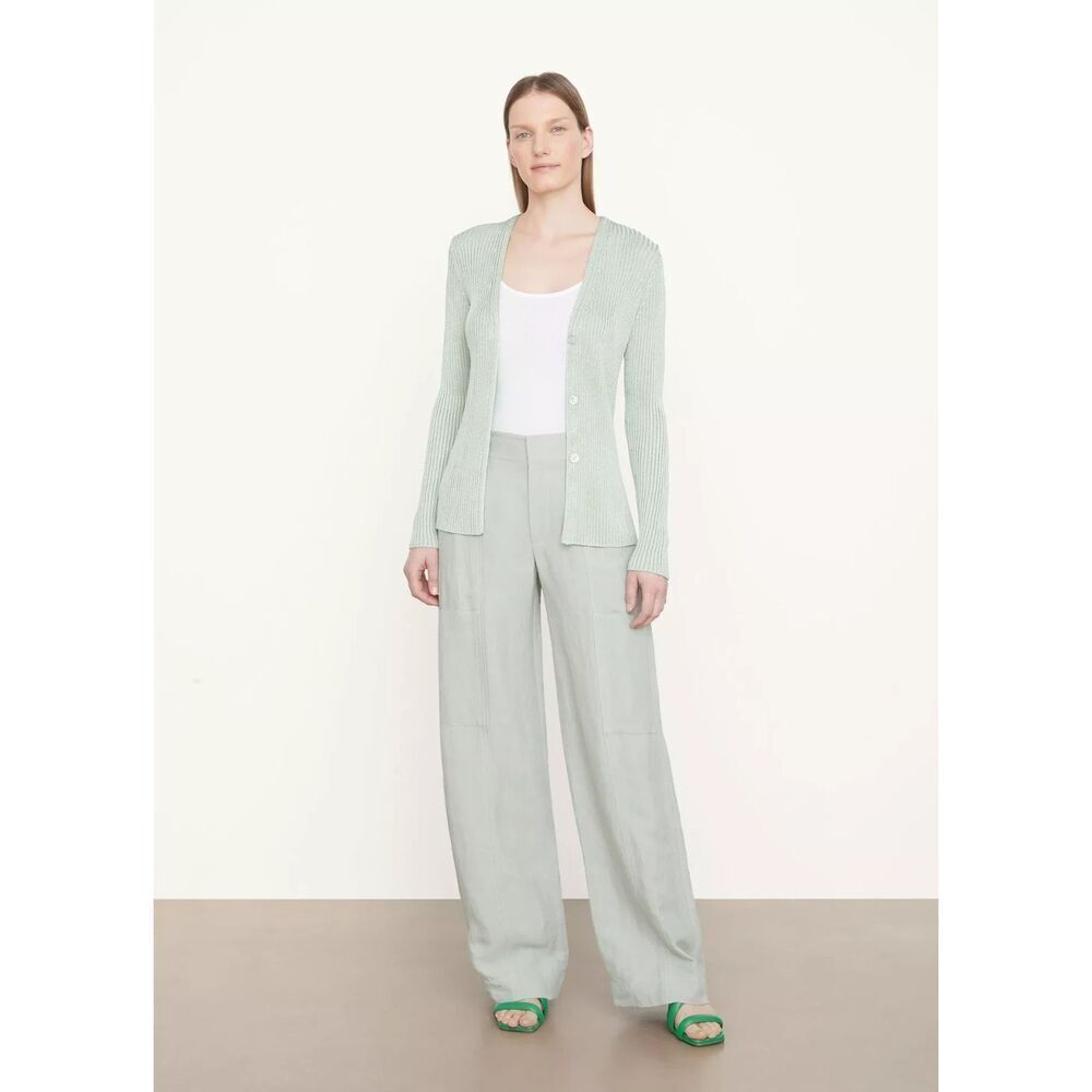 Vince Ribbed Button Front Slinky Cardigan Sweater in Dew Green size medium